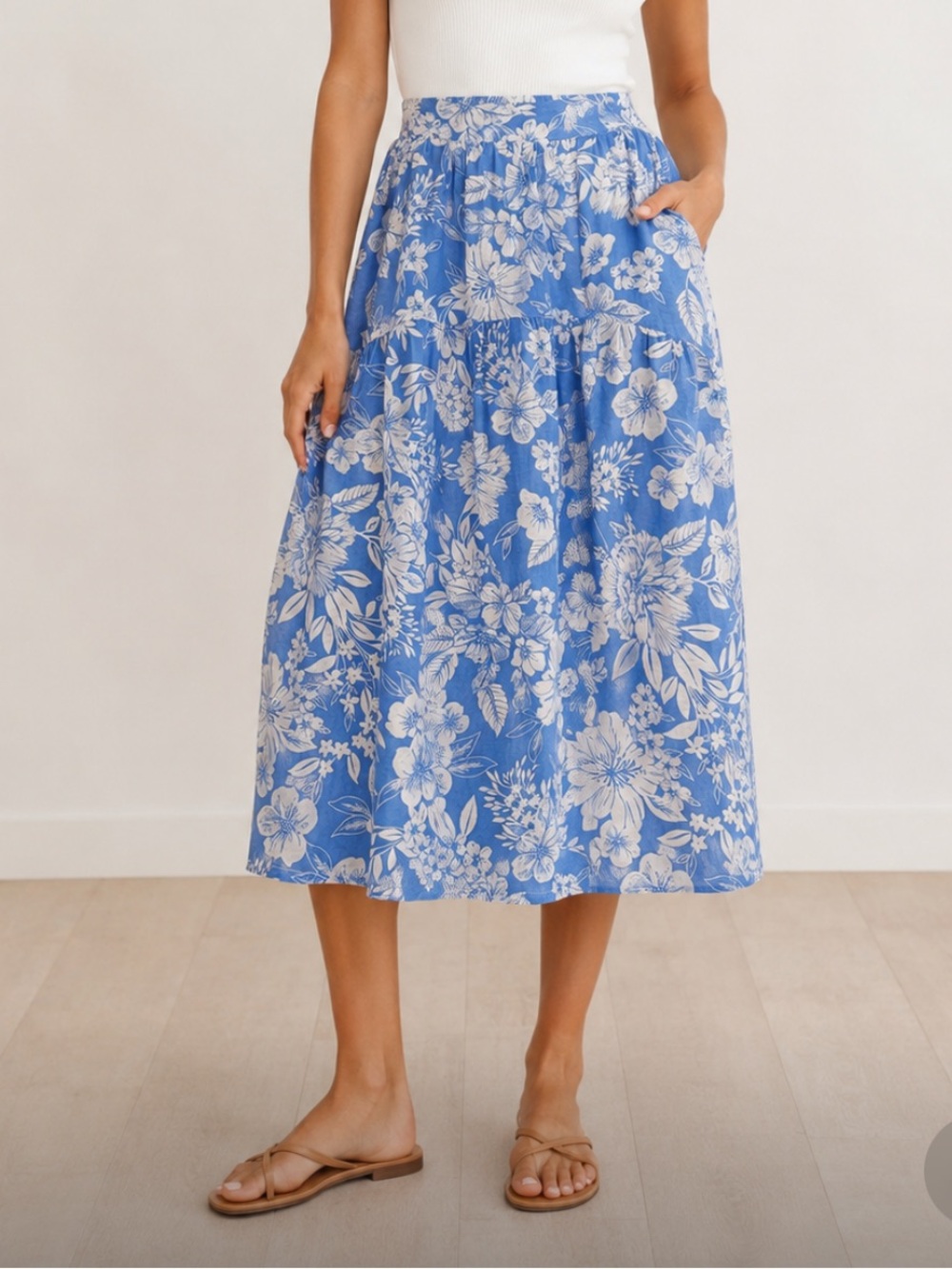 C&C California Linen Tiered Midi Skirt NEW